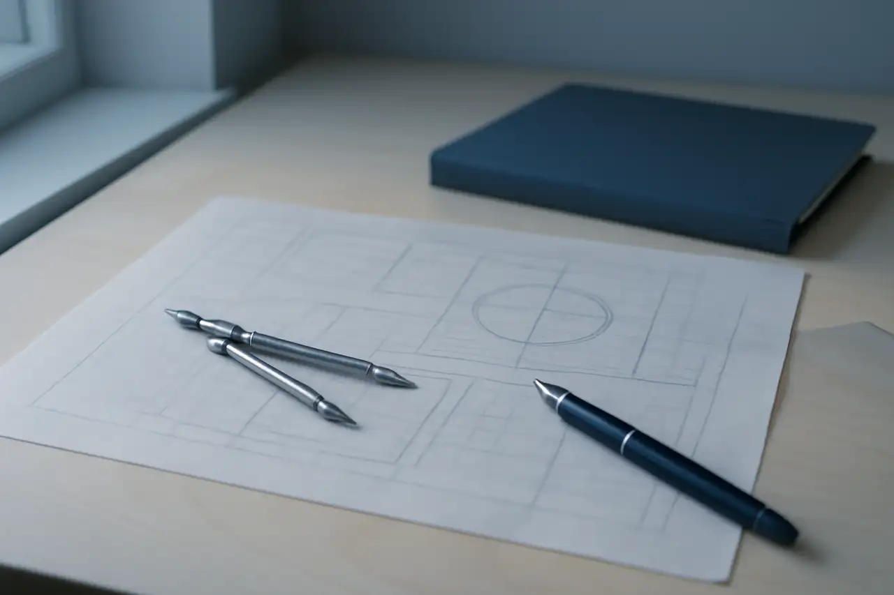 Schreibtisch mit technischen Zeichnungen, Zirkel und Füllfederhalter